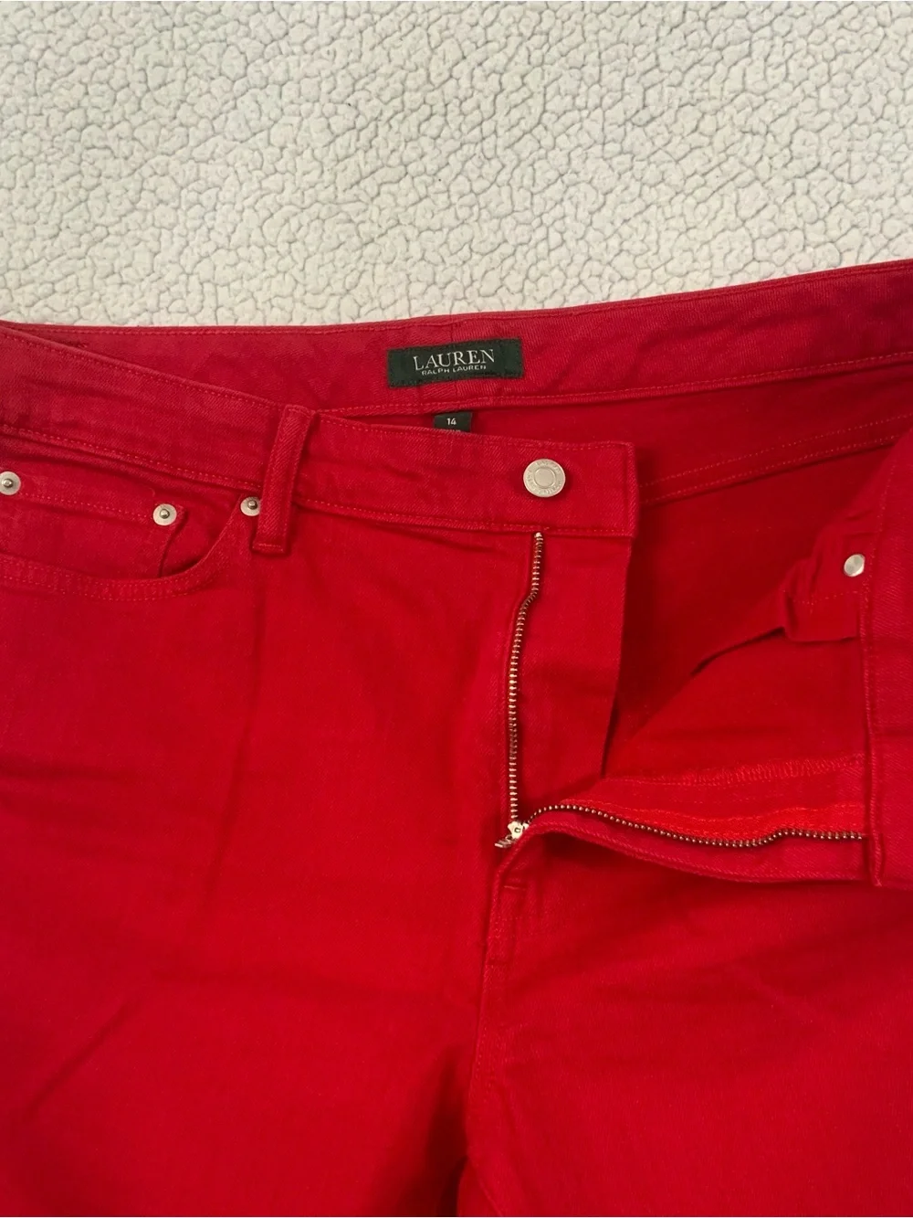 Lauren Ralph Lauren Straight Leg Red Denim Jeans Size 14 Logo Leather Patch